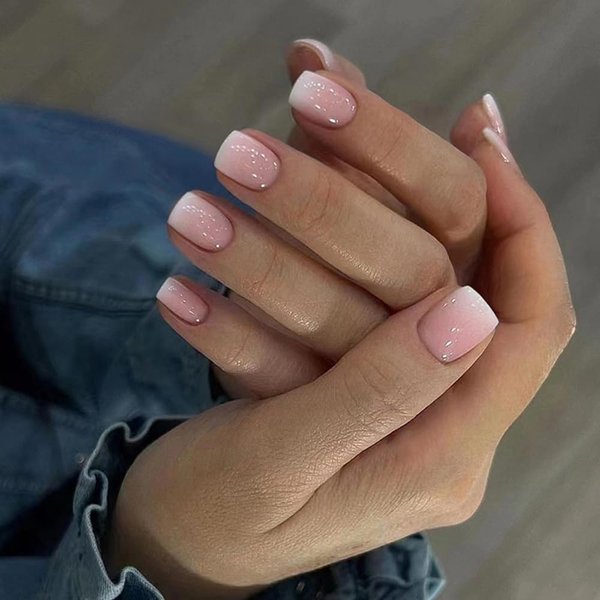 Square Press on Nails Cute Short Fake Nails Ombre False Nails Full Cover Nails Press ons Short Nail Tips Art Kit Glossy Acrylic Nude Pink Stick on Nails Glue on Nails Manicure Decorations Set 24Pcs