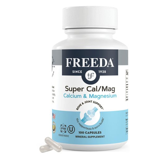 Freeda Super Cal/Mag Calcium Magnesium - Kosher Magnesium and Calcium Supplements for Women & Men - CalMag Bone & Joint Support - Vegetarian/Vegan Calcium and Magnesium Supplement - (100 Capsules)