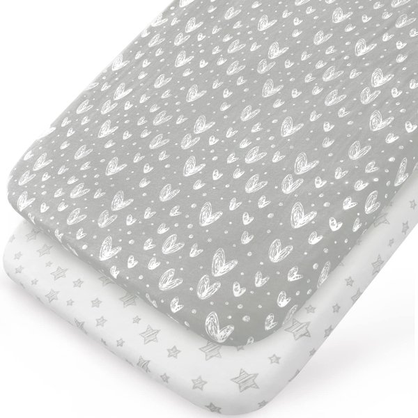 Bassinet Sheets Fit for Most Bedside Sleeper Bassinet & Bedside Crib Mattress, 2 Pack, 100% Jersey Knit Cotton Bassinet & Bedside Sleeper Sheets, Grey Hearts and White Stars Print for Baby