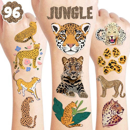 8 Sheets (96PCS) Cheetah Tattoos Temporary Jungle Theme Birthday Party Supplies Favors Decorations Tattoo Stickers For Boys Girls Gifts Classroom School Prizes Rewards