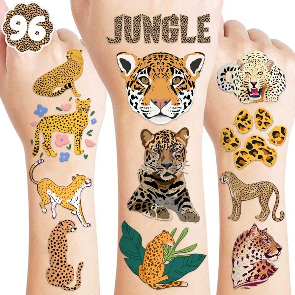 8 Sheets (96PCS) Cheetah Tattoos Temporary Jungle Theme Birthday Party Supplies Favors Decorations Tattoo Stickers For Boys Girls Gifts Classroom School Prizes Rewards