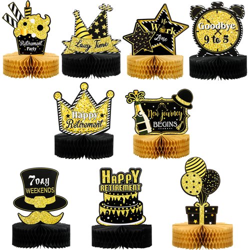 9 Pieces Retirement Party Table Honeycomb Retirement Honeycomb Centerpieces Retirement Party Decorations Glitter Table Toppers for Man and Women Happy Retirement Party Supplies, Adventure Begin