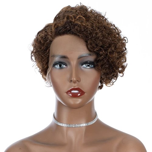 Rebecca Fashion Ombre Brown Short Curly Pixie Cut Lace Front Wigs Human Hair Water Wave Side Part Brazilian Remy Hair Wigs for Women, P4/30