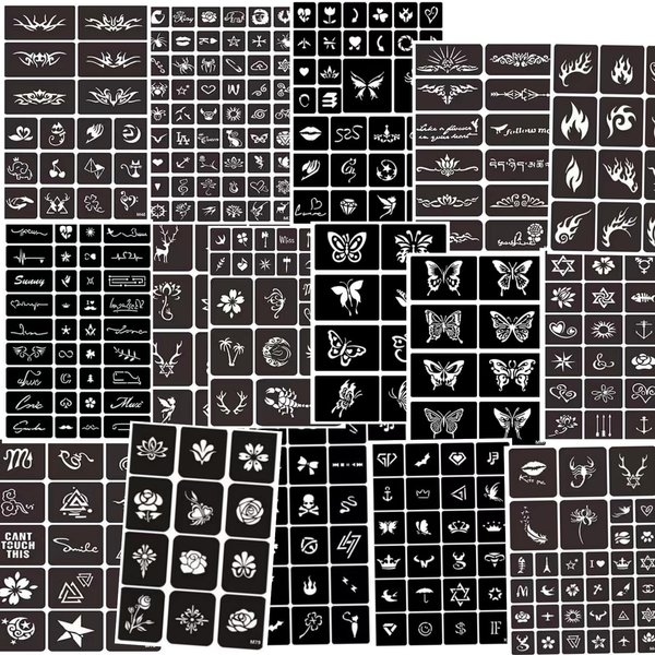 354pcs Temporary Tattoo Stencils, 16 Sheets Tattoo Stencil Kit for Women Girls and Kids, Reusable Face and Body Paint Stencils Kit for Birthdays Halloween Christmas Party Favor Supplies