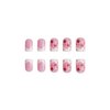 Press on Nails Short Square French Tip Fake Nails Pink Full Cover Strawberry False Nails with Bow Charm Designs Glossy Glue on Nails Cute Acrylic Nails Artificial Nails for Women Girls