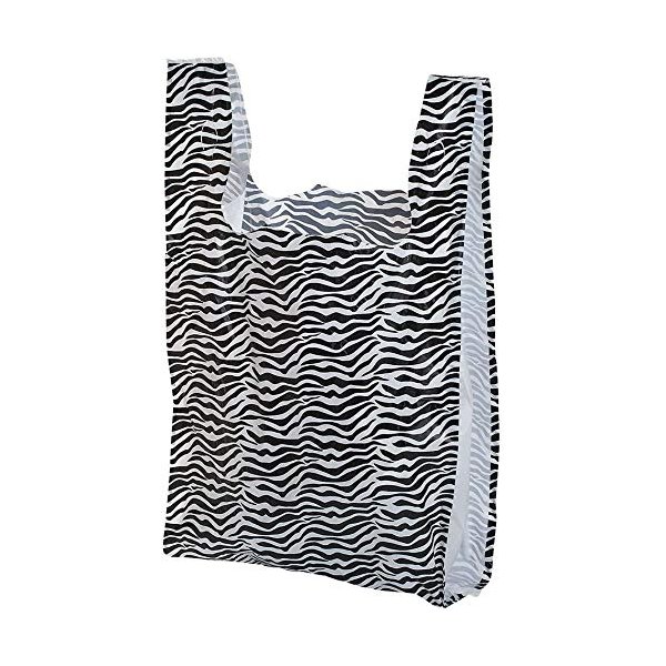 Charm Your Prince 100 Zebra PRINT Disposable Plastic Shopping Gift Bags with Handles by CYP - Medium - 11 1/2" x 6" x 21"