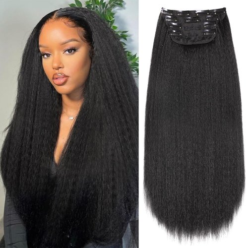 HANNE 22 Inch Kinky Straight Clip Ins Hair Extensions Clip ins for Women 4 Pieces/Lot Yaki Hair Seamless Yaki Clip ins Black Hair Extensions Clip ins for Daily or Party (Black, 22 Inch)