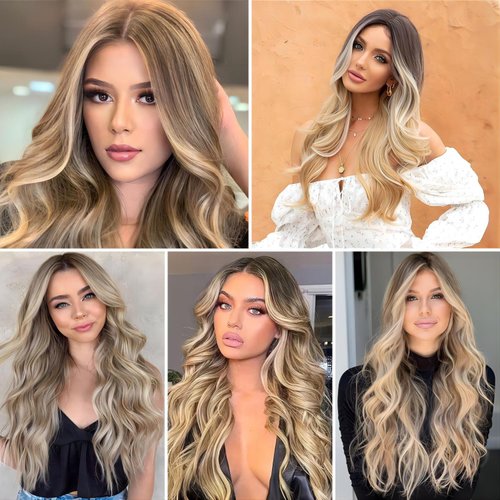 CroLiya Blonde Wig for Women 26 Inch Middle Part Lace Blonde Ombre Wig Long Curly Wig Upgraded Protein Fiber Blonde Wigs for Daily/Party Use Glueless Wig Synthetic Hair (Ombre Blonde)