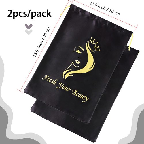 2PCS Satin Wig Bags Storage for Multiple Wigs Soft Silky Pouches with Drawstring Hair Packaging Bags for Wigs, Bundles,Hair Extensions,Tools, business gift bags （Black)