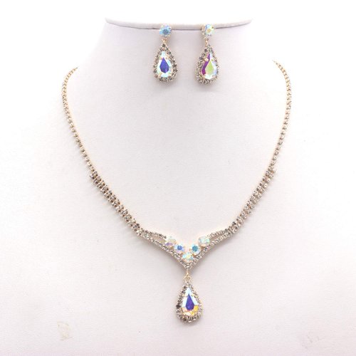 Weddingtopia Crystal Gold Ab Wedding Tiara And Matching Rhinestone Wedding Necklace Set Rhinestone Bridal Tiara Crown with side combs Wedding Hairband Comb Pin (GOLD AB)