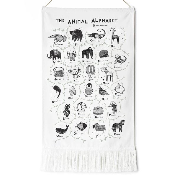 Wee Gallery Animal Alphabet Tapestry - Organic Cotton Fabric Wall Art Decor for Baby, Kids, Nursery, Playroom, Educational