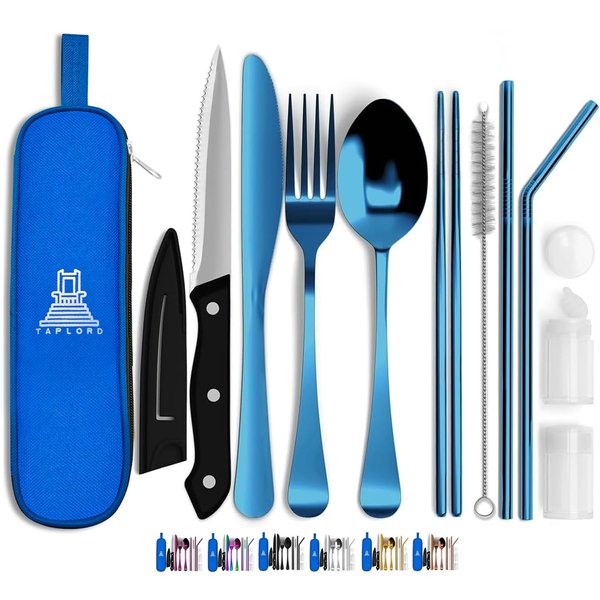 Taplord Portable Travel Silverware Set With Case - Includes 10 Pcs of Utensils, Stainless Steel Flatware For Camping, Easy to Travel, Lightweight (Blue)