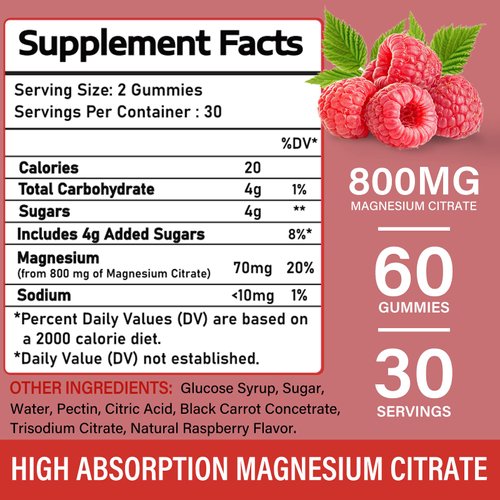 Magnesium Citrate Gummies | Magnesium Supplement for Adults | High Absorption Magnesium Supplement | Vegan, Non-GMO Magnesium Gummies | 60 Raspberry Flavor