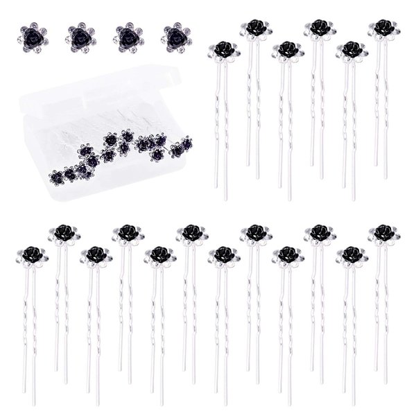Swpeet 40Pcs Black U-Shaped Crystal Hair Pins Rose Flower Rhinestone Hair Clips Hair Accessories for Bridal Wedding Women Hair Jewelry Accessories, with Storage Bag