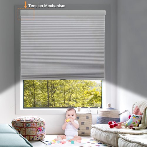 Persilux Custom Size No Drill No Tools Cordless Cellular Shades Light Filtering Window Shades, 1" Cell Honeycomb Shades Bottom UP Cellular Blinds for Indoor Windows Patios Easy to Install Grey
