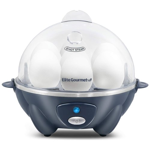 Elite Gourmet EGC710BG Rapid Egg Cooker, 7 Easy-To-Peel, Hard, Medium, Soft Boiled Eggs, Poacher, Omelet Maker, Auto Shut-Off, Alarm, 16-Recipe Booklet, BPA-Free, Slate Blue