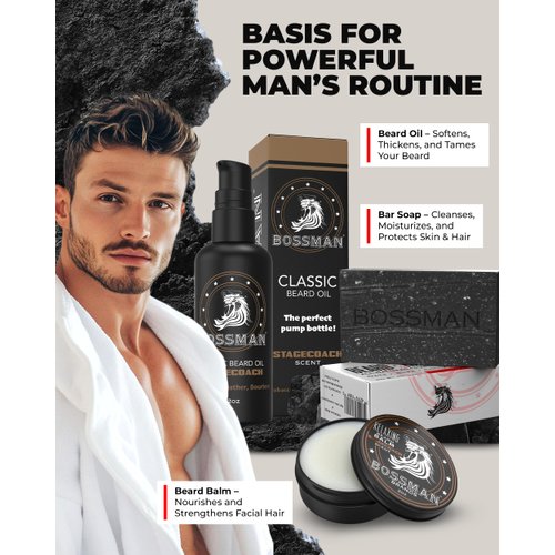 Bossman Starter Beard Kit for Men – Beard Oil (2 oz), Beard Balm & Bar Soap – Natural & Organic Grooming Kit – Made in the USA (Stagecoach Scent)