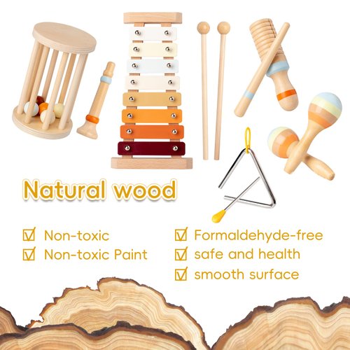 Baby Musical Instruments, 7 Pcs Set Montessori Musical Toys, Musical Instruments for Toddlers 3+, Neutral Colors Wooden Percussion Instruments Set, Suitable for Education for 3+ Children