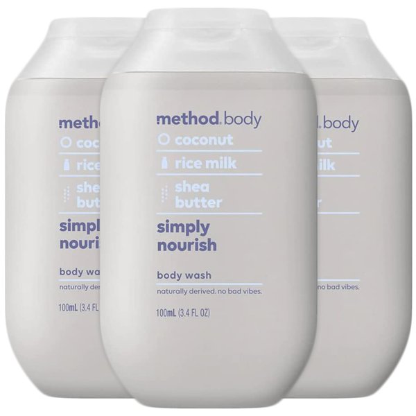 Method Body Wash Simply Nourish, Coconut, Rice Milk and Shea Butter Plant Based Ingredients, Paraben and Phthalate Free, Mini Travel Size 3.4 oz (Pack of 3)
