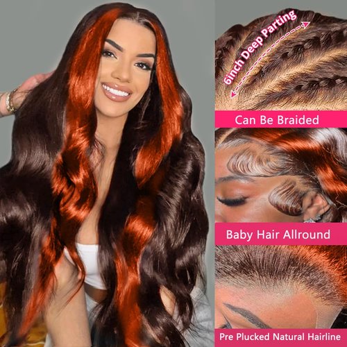 12A 200% Density 13x6 Lace Front Wigs Human Hair Pre Plucked Highlight 13x6 HD Lace Front Wigs Ginger Orange Colored Human Hair Wigs for Women Glueless Body Wave Ombre Wig Brazilian Hair22inch