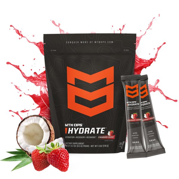 MTN OPS Hydrate Electrolytes Powder Drink Mix, 20 Single Serving On-The-Go Electrolyte Packs with Over 1000mg of Electrolytes per Serving, Strawberry Coconut
