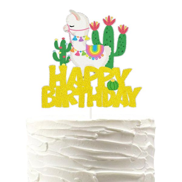 Llama Happy Birthday Cake Topper,Mexican Alpaca Fiesta Baby Shower Party Decor,Cactus Llama Themed Birthday Party Supplies Decorations.