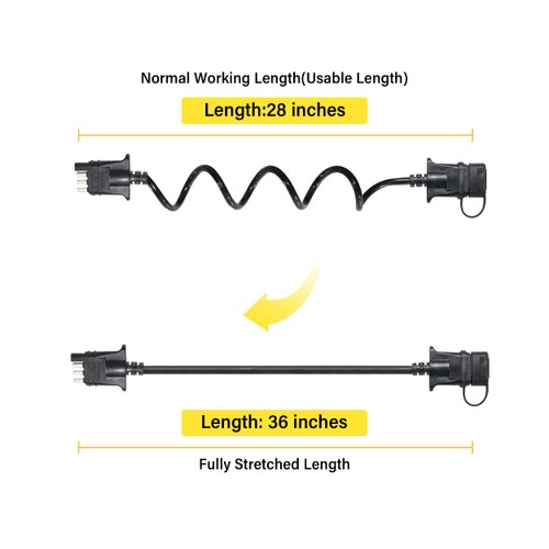 Oyviny 4 Way Flat Trailer Extension Coiled Cable 3 Feet 4 Pin Male and Female Wiring Harness Adapter 36" Stretchable Coiled Extension Wiring Cable with Dust Cover Plug & Play Connector 18 Guage