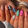 MERVF Oval Press on Nails Medium Fake Nails Press ons Colorful Glue on Nails with Checkered Striped Design Round Cute Summer Acrylic False Nails Glossy 24pcs