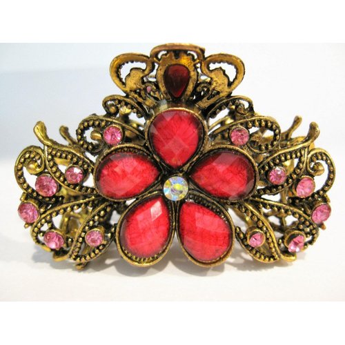 Generic Jeweled antique style bronze gold metal hair claw clips with crystals (Primary color: Red), 1 Count (Pack of 1)