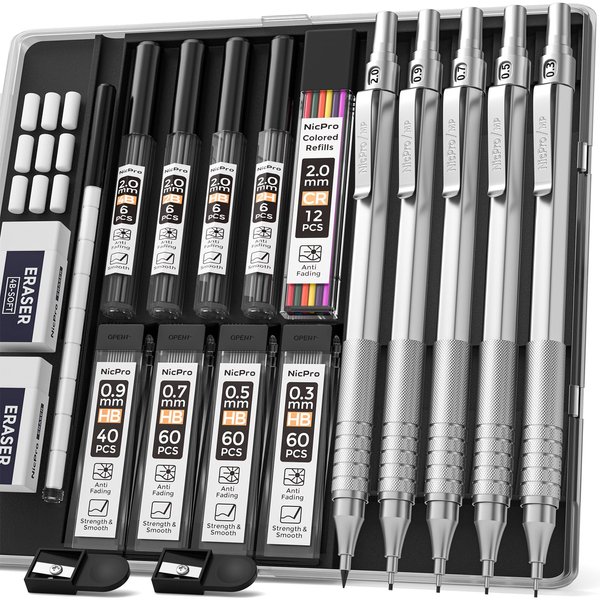 Nicpro 5 PCS Art Mechanical Pencil Set, Metal Drafting Pencils 0.3, 0.5, 0.7, 0.9, 2mm Graphite Lead Holder (4B 2B HB 2H Colored Lead) For Writing Sketching Drawing With 9 Lead Refills Eraser Case