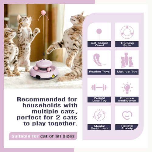Zaabaaziba Interactive Cat Toys, Track Balls Kitten Toy for Indoor, High-Elasticity Cat Teaser Wand Cat Feather Toy, Perfect Toy for Multi-Cat Households for All Cat Breeds Pink