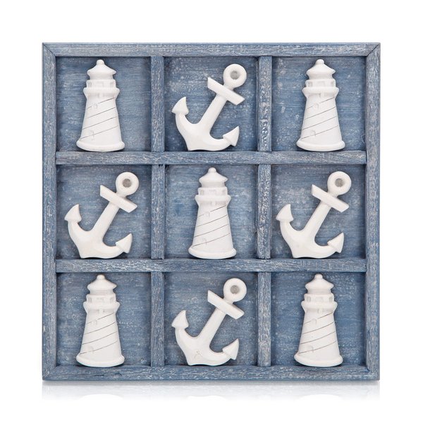 NIKKY HOME Beach Tic Tac Toe Wooden Games 5 Anchors & 5 Lighthouses Wood Board Travel Game for Family Coastal House Coffee Tables Decor, Distressed Blue