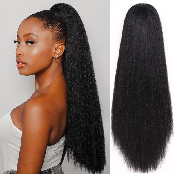 FAVE Kinky Straight Ponytail Natural Black Claw Clip in Ponytail Yaki Ponytail Extension for Black Women Soft & Fluffy Synthetic Kinky Ponytail 24 Inches Clip on Ponytails for Women(1B, 24")