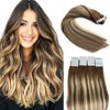 Tape in Hair Extensions,Ombre Ash Brown Highlighted Blonde Hair Extensions Real Human Hair Tape ins Extensions for Women,20 Pieces Double Sided Invisible Tape in Extensions Remy Human Hair 16Inch
