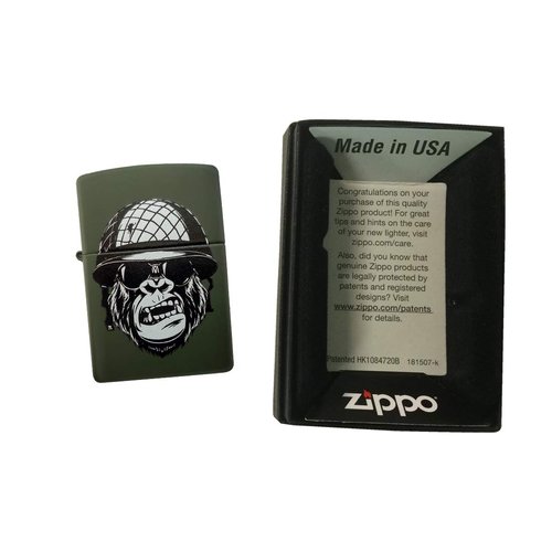Zippo Custom Lighter - Gorilla Soldier with Army Helmet - Regular Green Matte - Gifts for Him, for Her, for Husband, for Wife, for Them, for Men, for Women