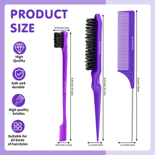 precious harvest Three-piece Hair Styling Rat Tail Comb Hair Brush Set,Double Sided Edge Brush for Edge & Back Brushing,Nylon Teasing Hair Brush with, Slicking Hair for Women Girls (Purple)