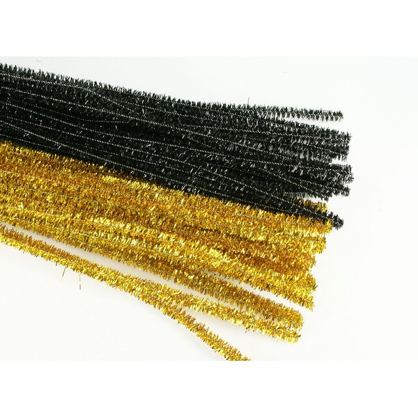 Christmas Set of 100 Metallic Tinsel Pipe Cleaners for Kids Crafts, Embellishing and Group Projects (Gold, Black)