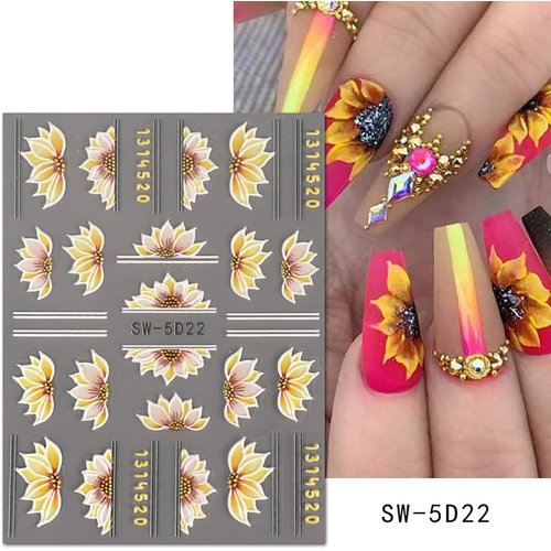 5D Engraved Sunflower Nail Art Stickers Yellow Black Floral Flower Acrylic Embossed Sliders Summer Nail Decals Manicure Decoration for Women Girls Nails Painting Charms Accessories