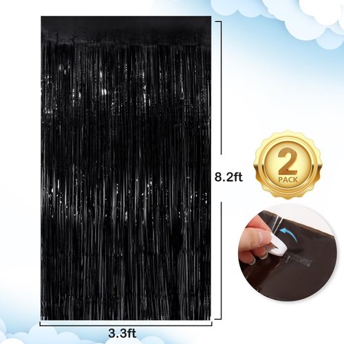 Black Fringe Curtain Party Streamers 4Pack 3.3x8.3 Ft Foil Fringe Backdrop Curtains for Birthday Wedding Bridal Baby Shower Holiday Tinsel Streamers Black Party Decorations Door Streamer