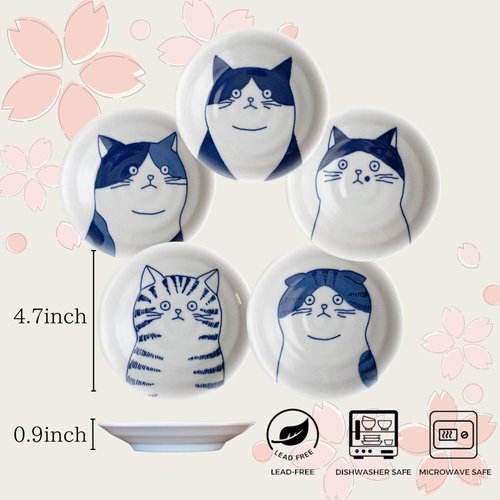 LOVE LOVE JAPAN Dessert Sushi Soy Sauce Salad Ceramic Plates Cats Design Set of 5 Made in Japan 5 Cats 4.7in