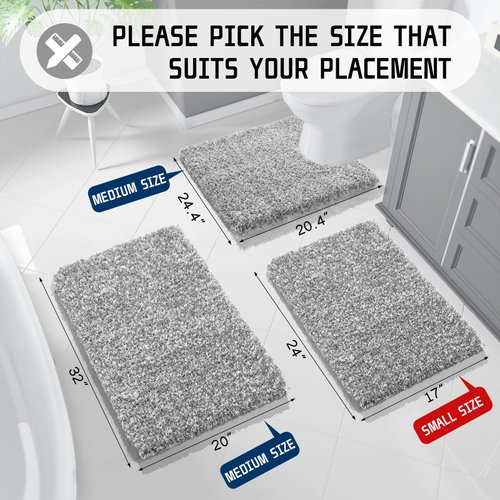 Yimobra Luxury Bathroom Rugs, Shaggy Bath Mats, Non Slip, Water Absorbent Microfiber, Machine Washable, Fluffy Plush Soft Shower Rugs, Thick Floor Mat, 17"x 24", Light Gray&White