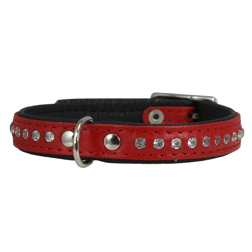 Dogs My Love Rhinestone Genuine Leather Dog Collar (Red, 9.5"-11" Neck)