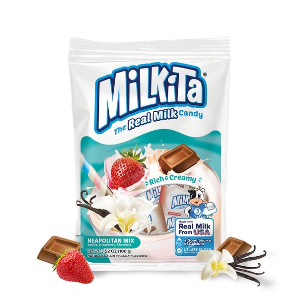 Milkita Creamy Shake Candy Bag, Gluten Free Chewy Candies with Calcium & Real Milk, Zero Trans Fat, Low-Sugar, Neapolitan Flavors (Vanilla, Strawberry, Chocolate), 25 Pcs