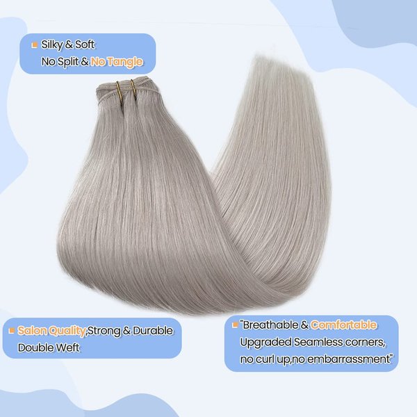Double Weft Human Hair Extensions Silky Straight Silver Sew in Hair Bundles 18 Inch 100Gram Hand Tied Bundles Grey Real Human Hair Hand Tied Weft Hair Extensions Silver Remy Hair Bundles for Women