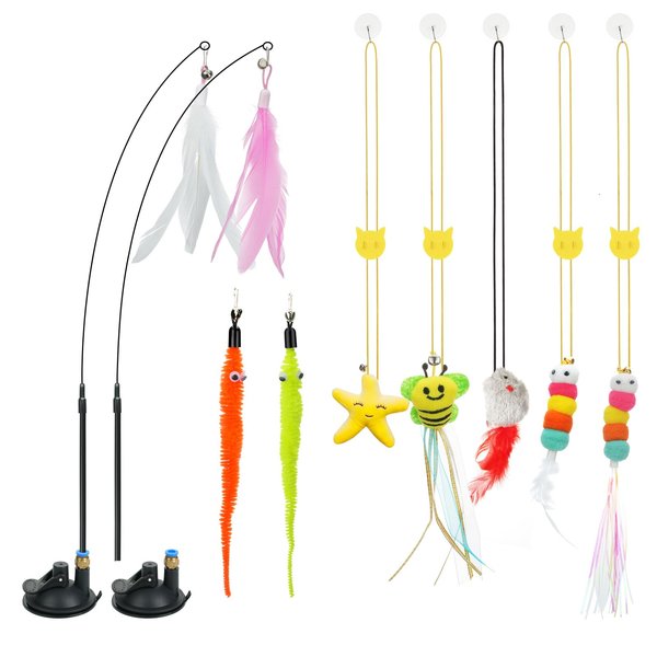 Atosun Cat Toys, Interactive Cat Feather Toy for Indoor Cats, 2PCS Suction Cup with Feather Replacement for Kitty, 6PCS Hanging String Cat Toys for Kitty Cats Play Chase Exercise.