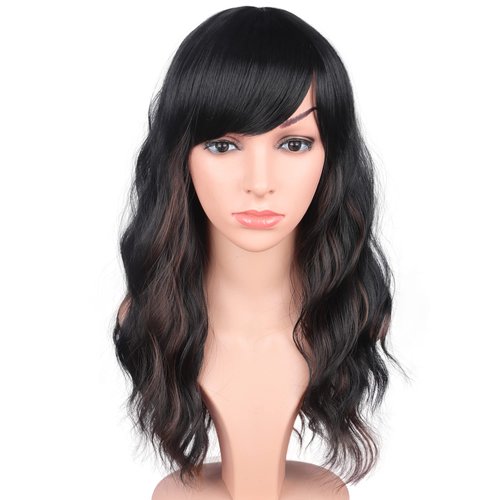 SYMEIW Black Wavy Wigs With Brown Highlights For Black Women Synthetic Black Hair Wigs Medium Long Black Wigs Heat Resistant Wigs Daily Use Wigs 16 Inches.(Black With Brown Highlights)