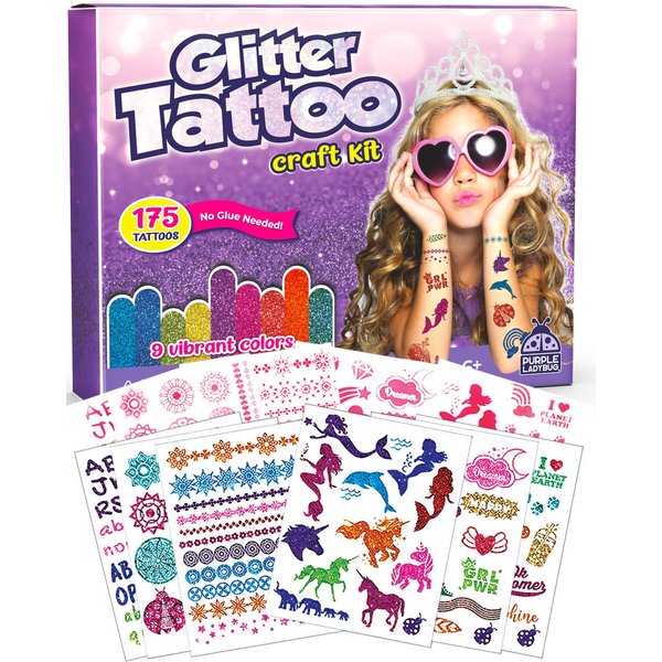 PURPLE LADYBUG Temporary Glitter Tattoo Kit - 175 No Mess Glitter Tattoos for Kids, Girls Birthday Gifts Age 8-10, Birthday Gift 6 7 8 9 10 year old Girls Sleepover Stuffs, Halloween Crafts for Kids