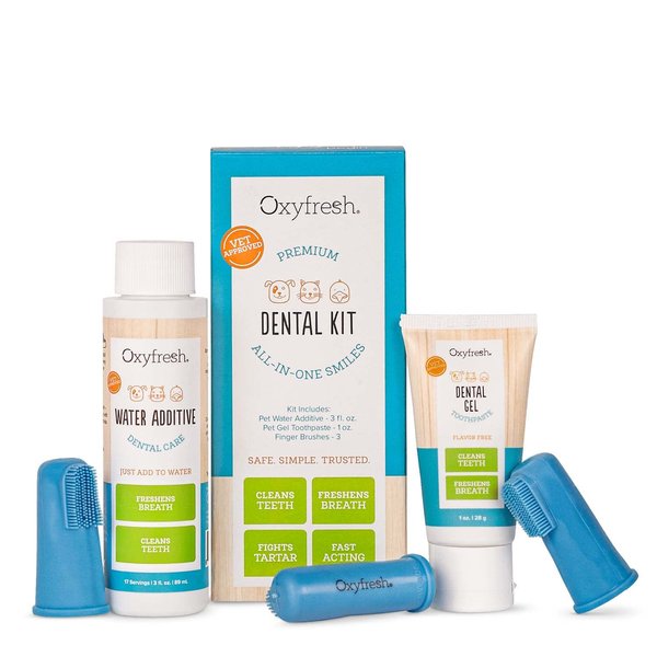 Oxyfresh Premium Pet Dental Kit for Dogs & Cats – Easy Solution for Pet Fresh Breath, Clean Teeth, Control Plaque & Tartar – Vet Formulated Pet Toothpaste, 1oz + Water Additive, 3oz + 3 LG Brushes Kit