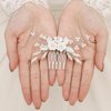 Latious Flower Bride Wedding Hair Comb Leaf Bridal Side Comb Sparkly Crystal Hair Piece Pearl Hair Accessorie for Women and Girls (Silver)