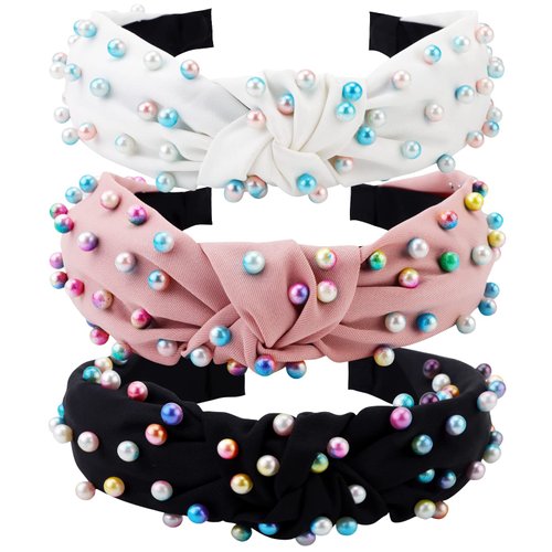 ACO-UINT 3 Pack Headbands for Women, Non-slip Knotted Headbands Pearl Headbands, Colorful Faux Pearl Hairbands Wide Headbands Hair Accessories for Women